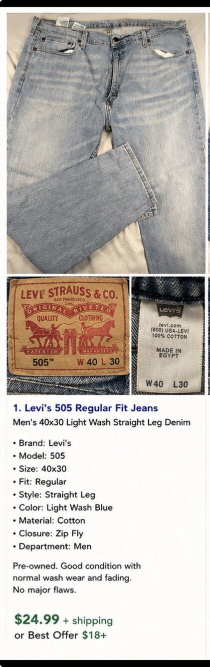 Levi’s 505 Regular Fit Jeans Men’s 40x30 Light Wash Straight Leg Denim